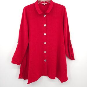 John Mark wired collar button up tunic top Size S red 3/4 roll tab  A-line